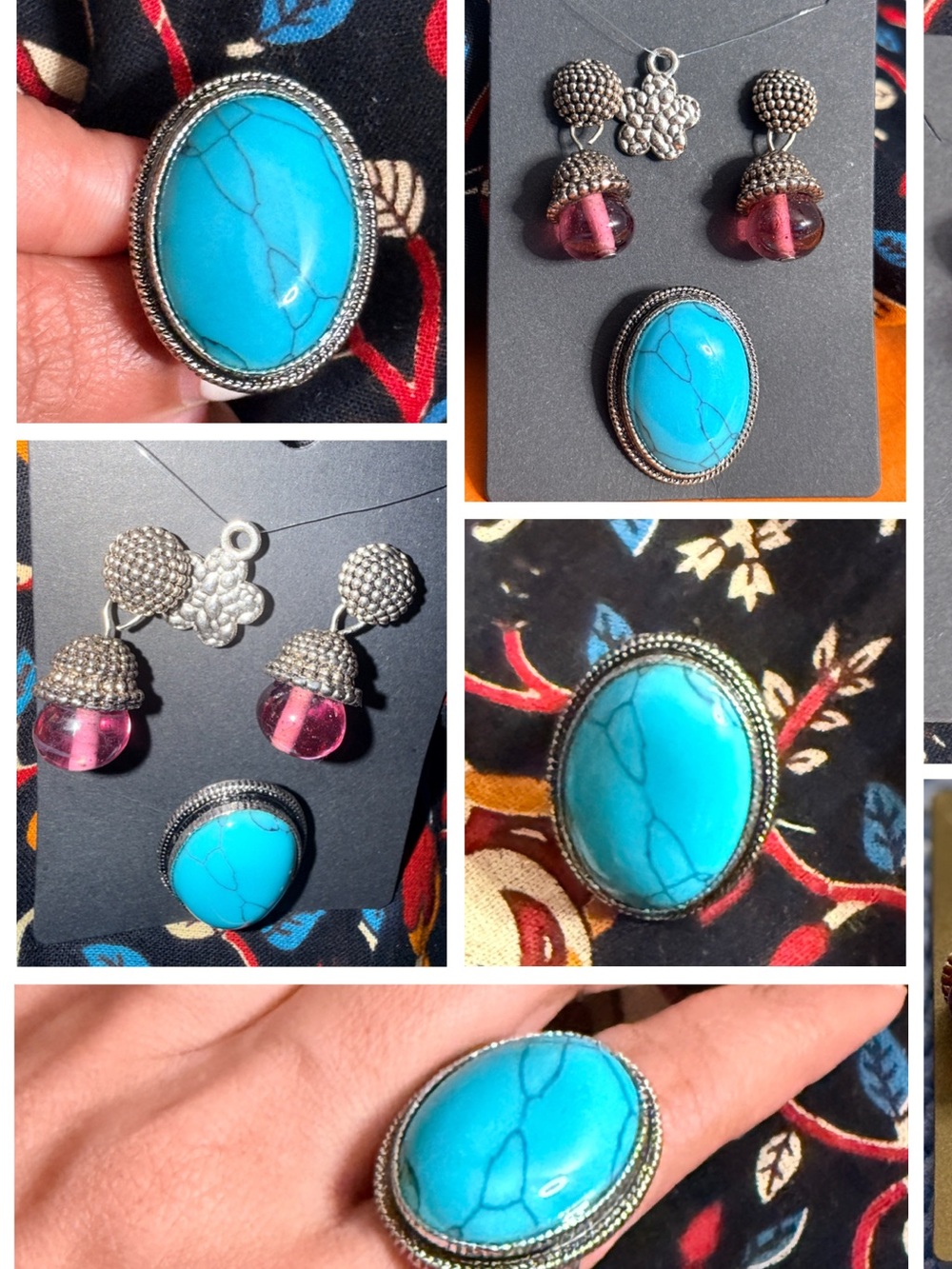 Boho Turquoise Ring & Pink Drop Earrings Set + FREE Mini Pendant